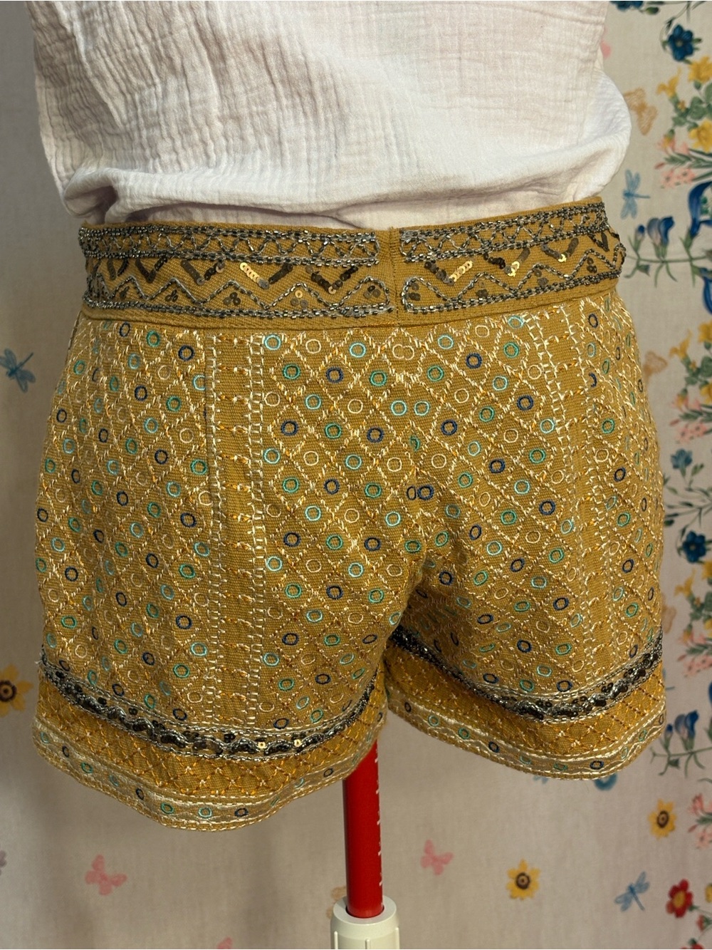 Freeway - Mustard Embroidered Shorts w/ Mirror Accents Festival Boho Glam Party - Picture 7 of 12